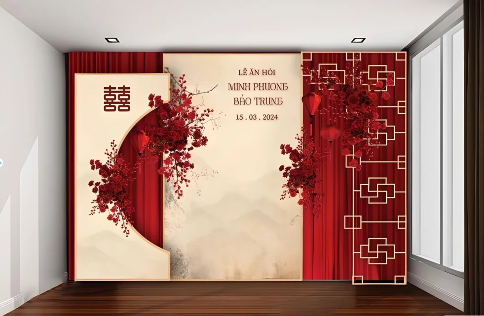 Phông Ăn Hỏi Màu Đỏ Kết Hợp Họa Tiết Cành Lá